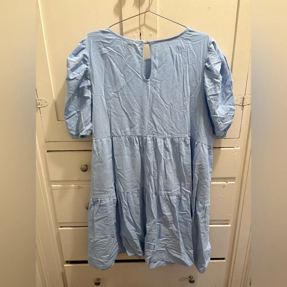 NWT SHEIN Curve 4XL Light Blue Tiered Puff-Sleeve Cotton Dress - Picture 2 of 9